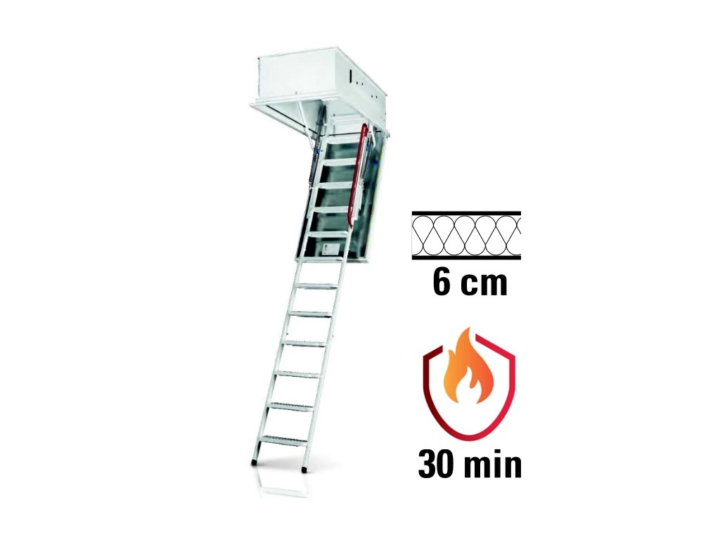 Podkrovné schody WIPPRO EUROSTEP s 30 min. požiarnou odolnosťou. Súčinitel prestupu tepla: U = 0,7 W/m2K