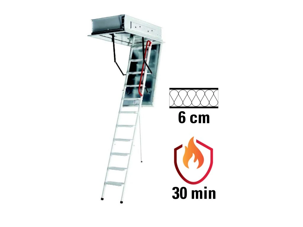 Podkrovné schody WIPPRO EUROSTEP SMART s 30min. požiarnou odolnosťou. Súčinitel prestupu tepla: U = 0,7 W/m2K