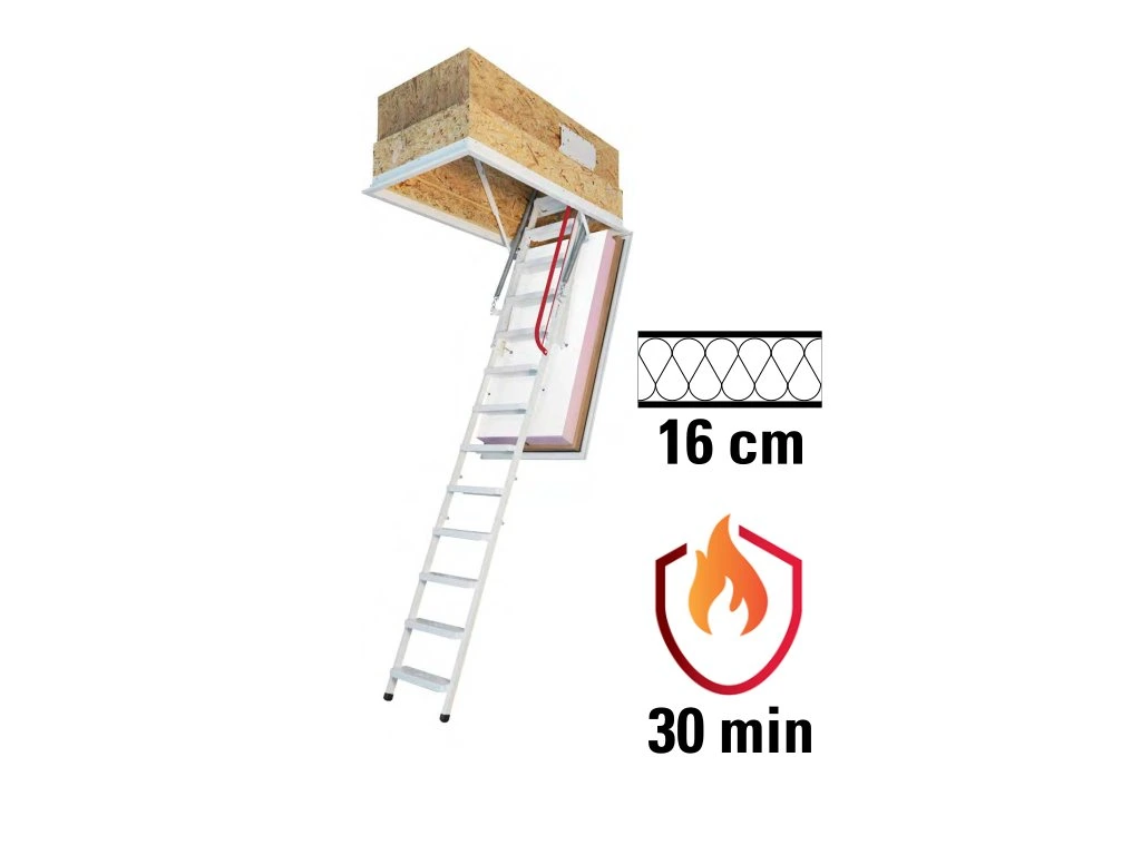 Podkrovné schody WIPPRO KLIMATEC 160 s 30min. požiarnou odolnosťou. Súčinitel prestupu tepla: U = 0,34 W/m2K